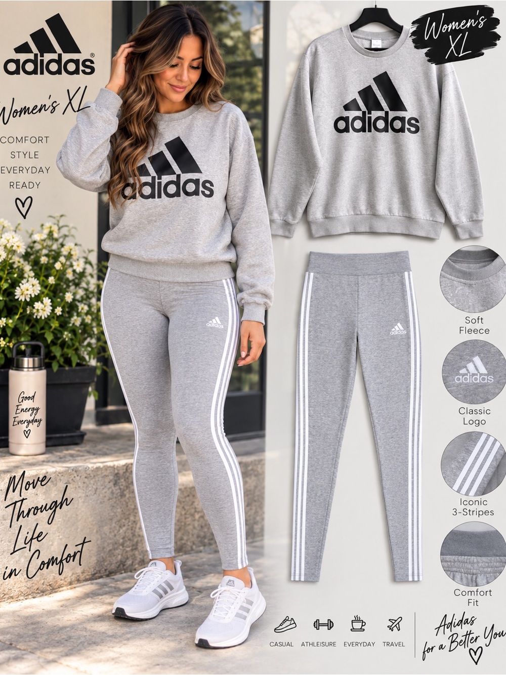 adidas women’s large Leggings with XL Crewneck outfit